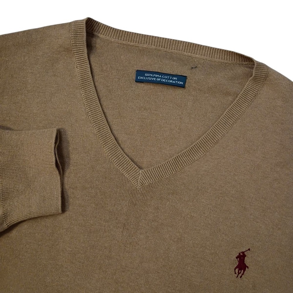 Polo by Ralph Lauren Men's V-Neck Sweater - Tan with Burgundy Logo